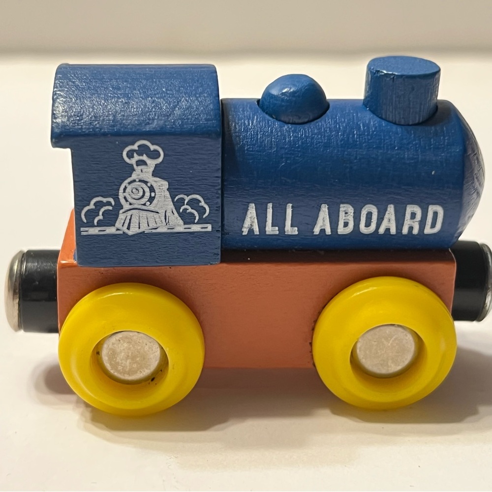 All Aboard Blue Wooden Toy Train Engine for Kids